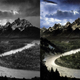 Montañas Tetons y el Río Serpiente (1942) / a la derecha, la versión coloreada por Colourise.sg